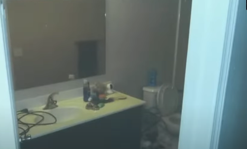  Basement bathroom. Motion sensor camera is on the far right corner of the counter 