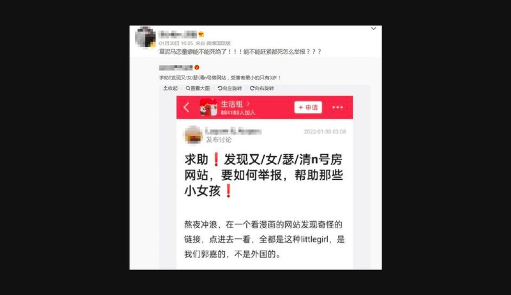  Screenshot of Weibo post spreading about the Chinese Nth Rooms 