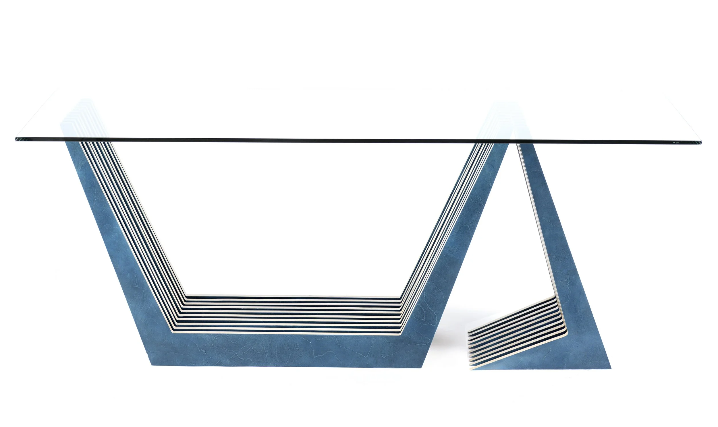 Precision Duo architectural desk with glass top in blue finish on third orientation