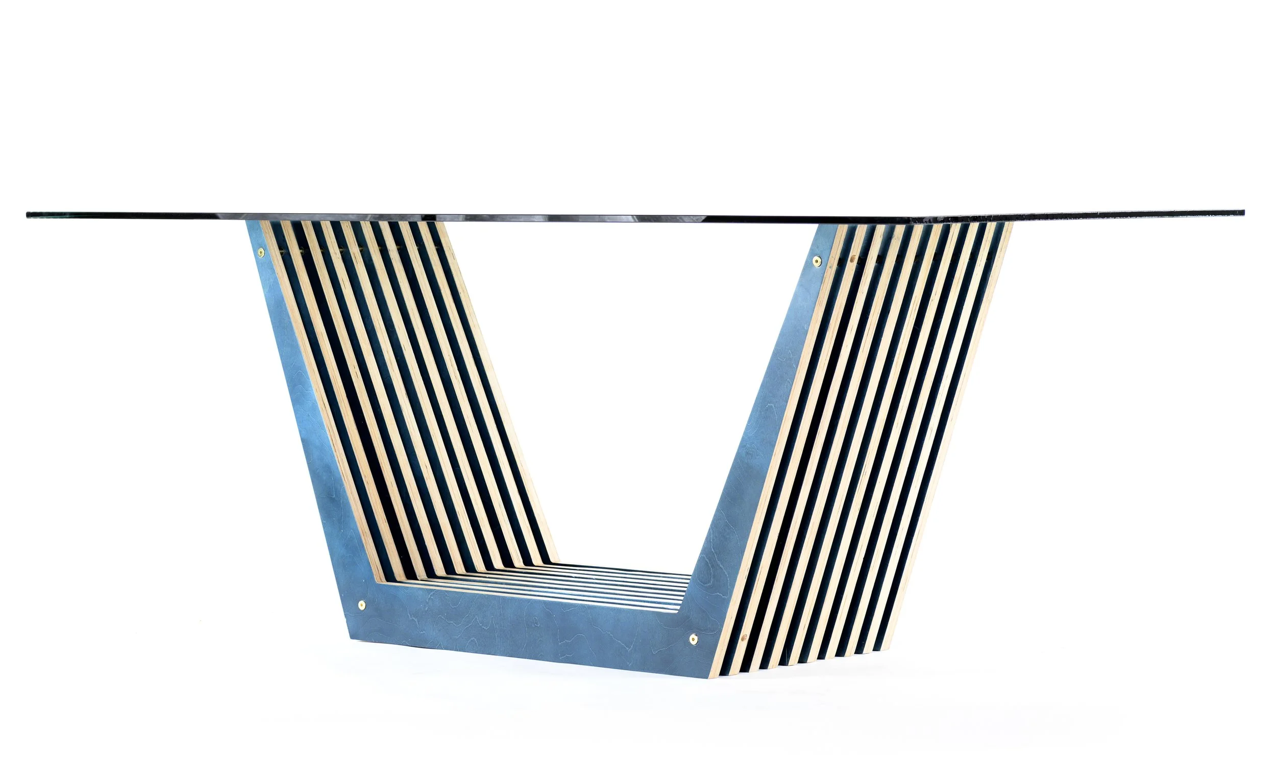 Essential architectural desk with glass top in blue finish on second orientation