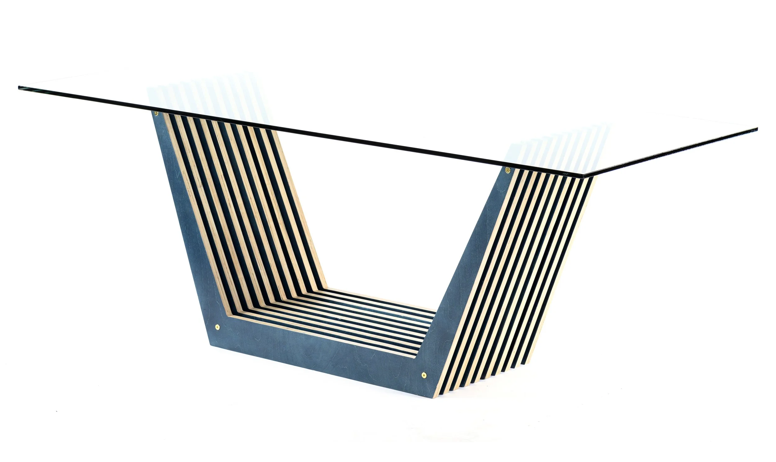 Essential architectural desk with glass top in blue finish on second orientation