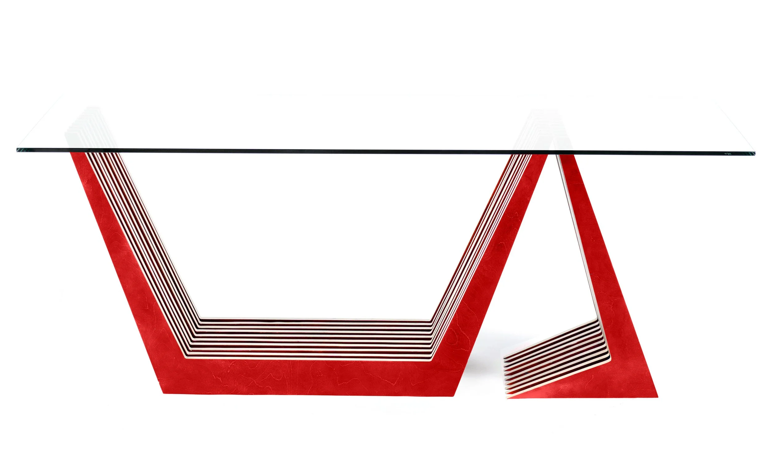 Precision Duo architectural desk with glass top in red finish on third orientation