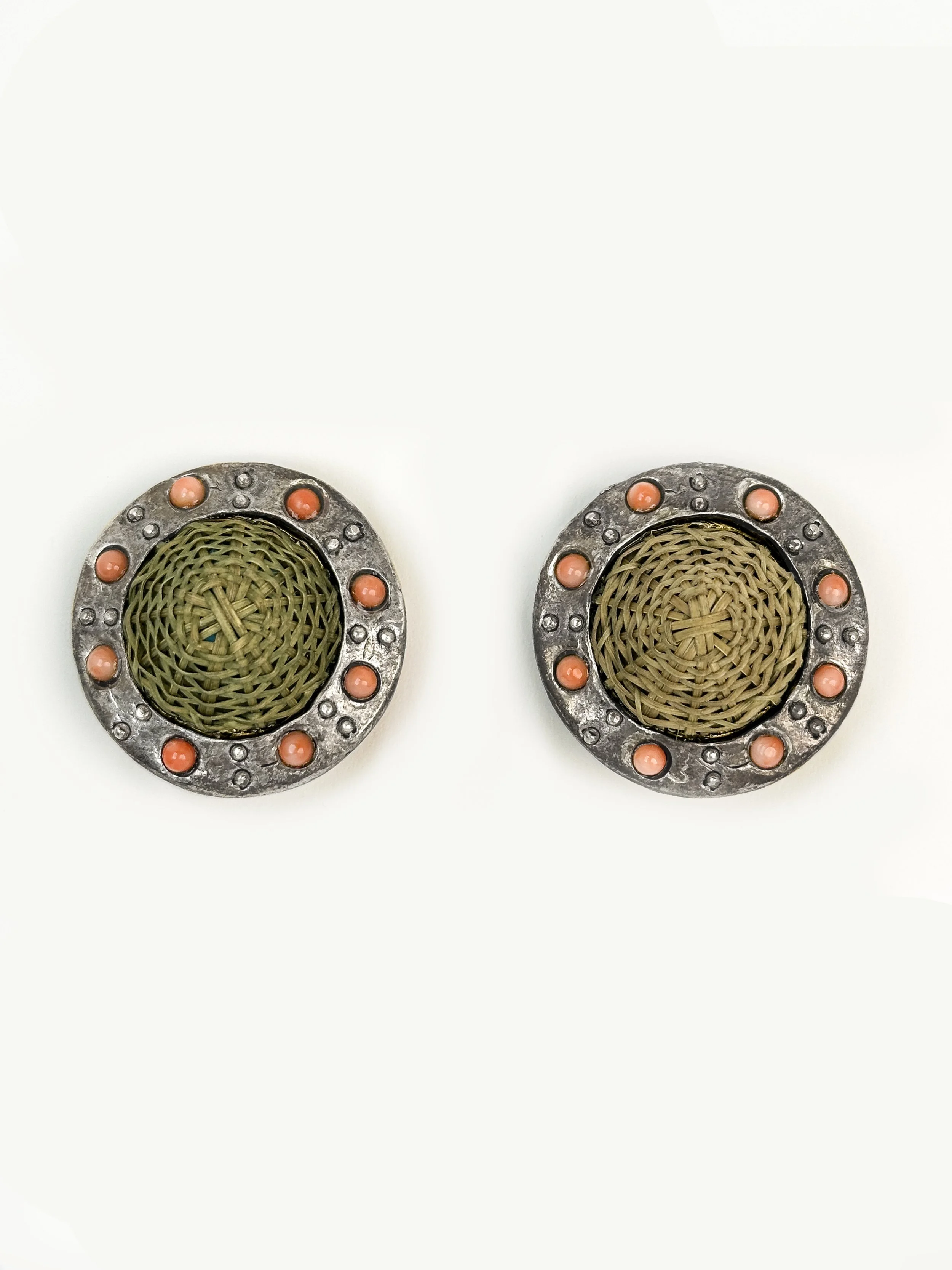 Antique Silver Raffia and Coral Button Earrings