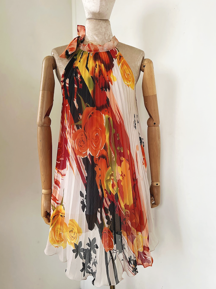 90s Accordian Halter Floral Dress