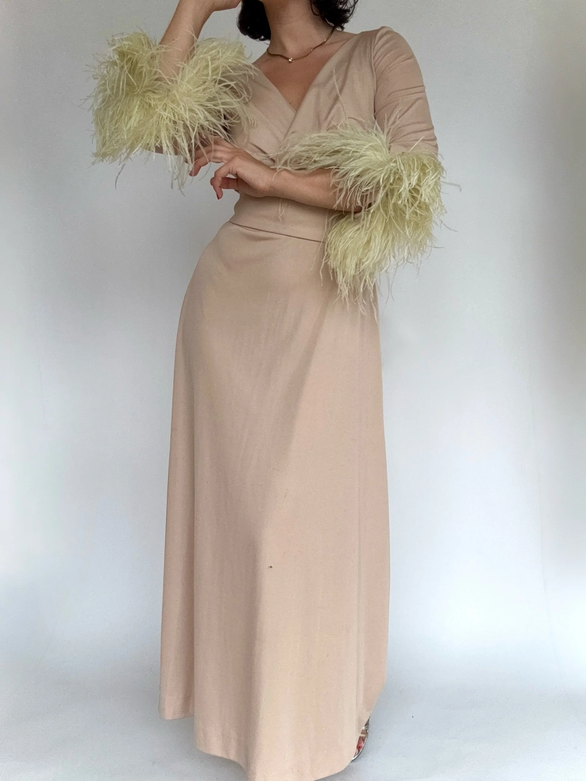 60s Champagne Ostrich Maxi Dress