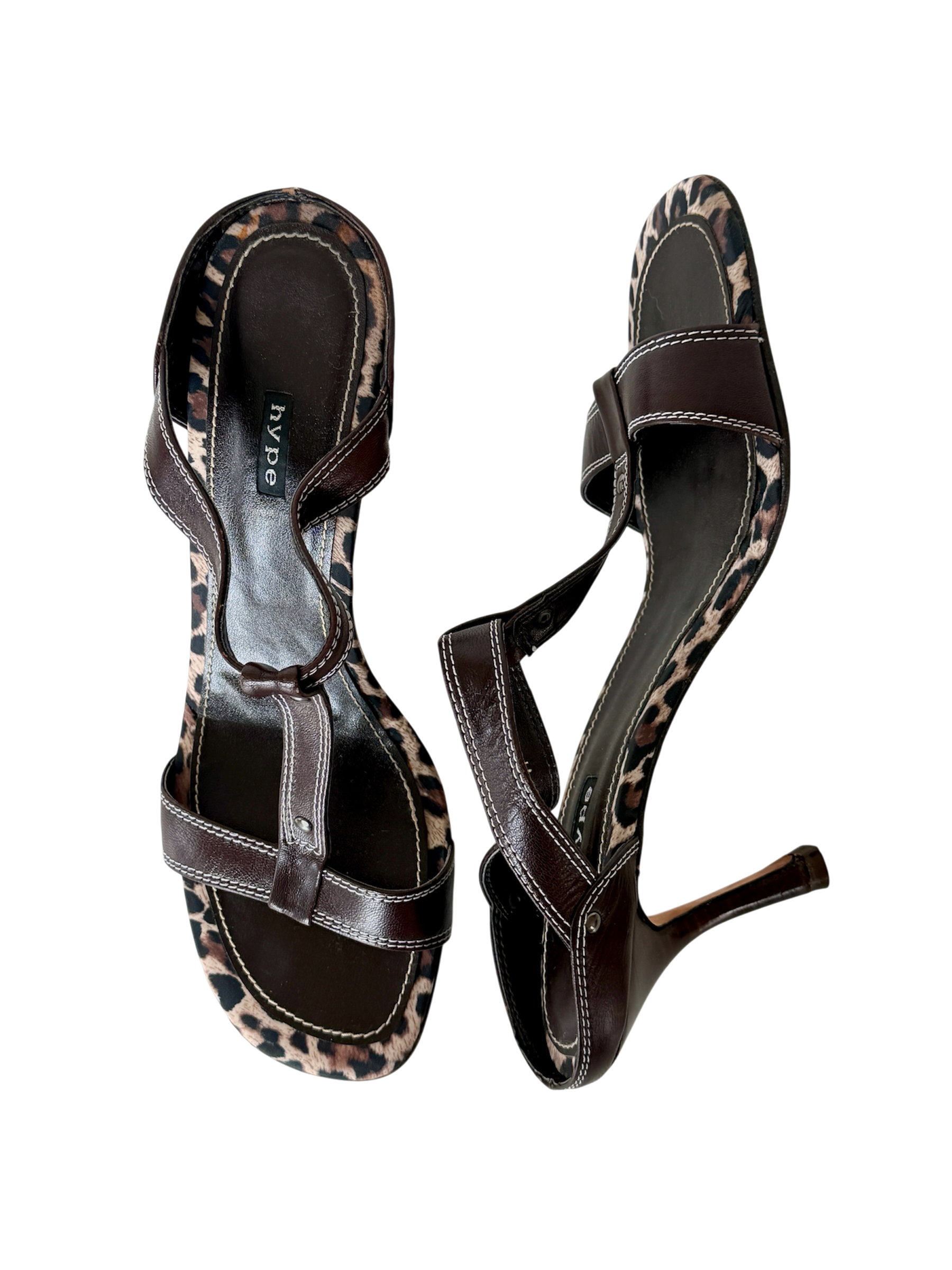 Vintage Y2K espresso brown leather T-strap sandals with leopard print trimmed footbed