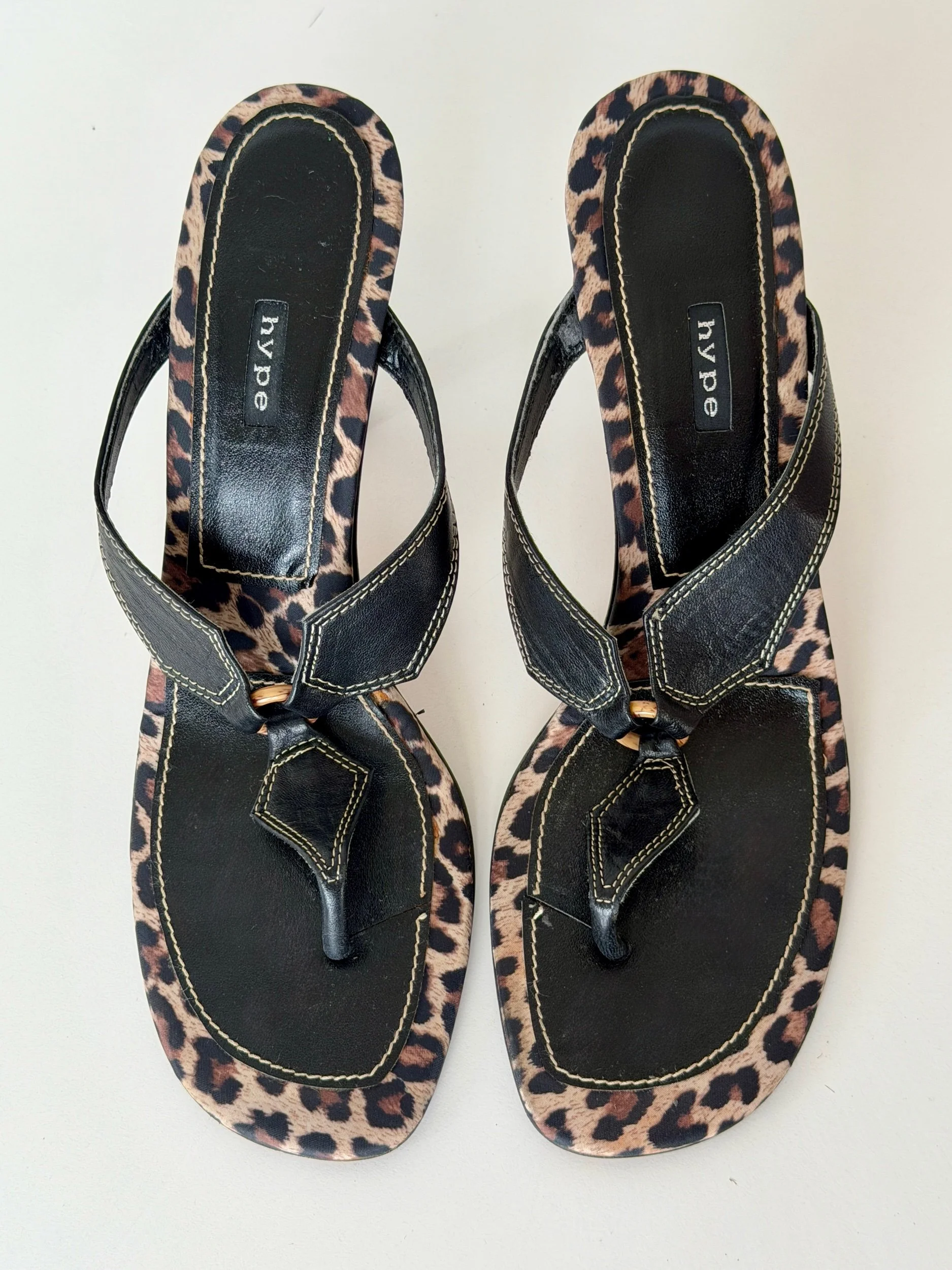 Y2K black leather thong heels with leopard print trim and square toe, size 10
