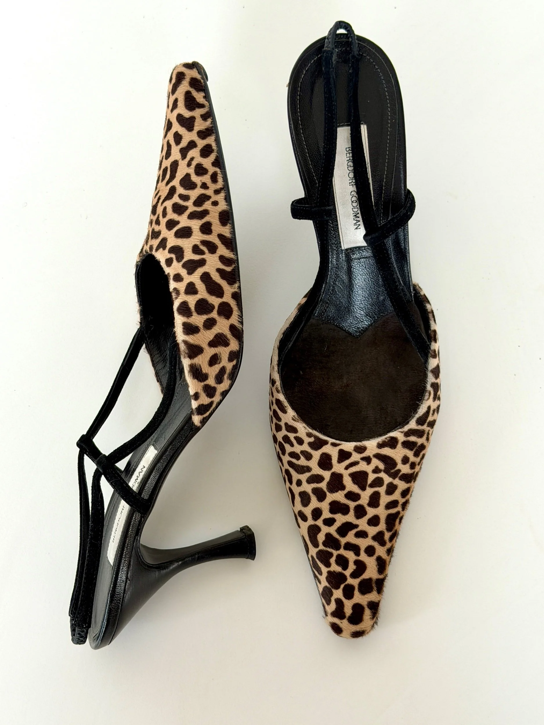 Andrea Rivalta leopard calf hair slingback heels with black suede T-strap, made in Italy
