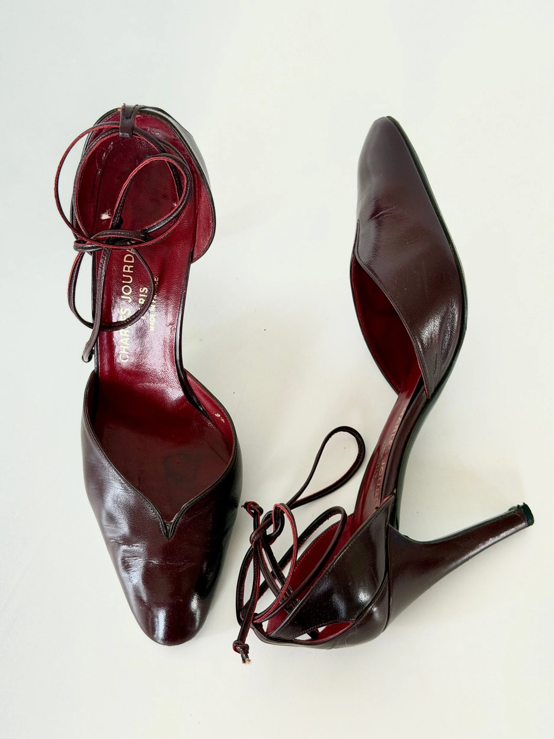 1980s Charles Jourdan burgundy leather ankle tie heels with original red box