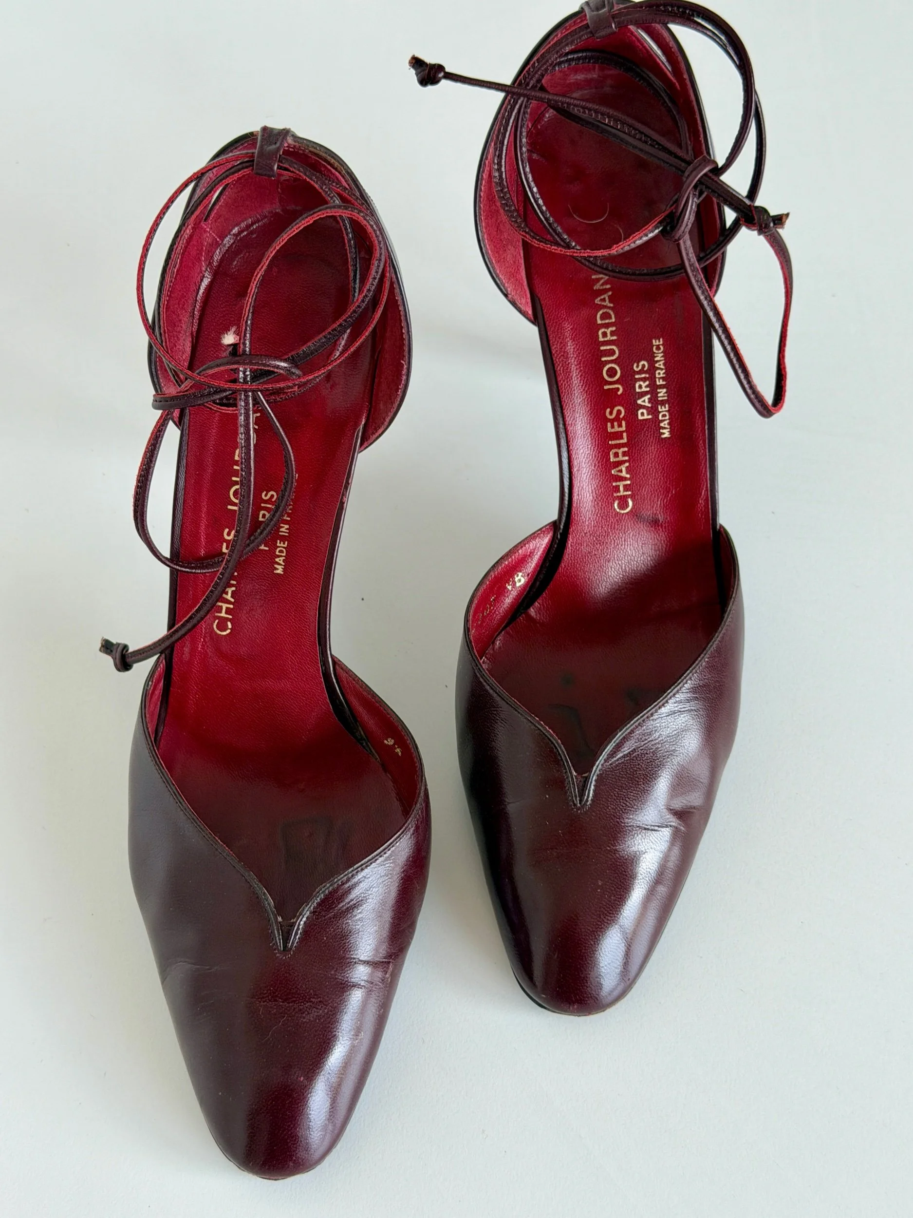 1980s Charles Jourdan burgundy leather ankle tie heels with original red box