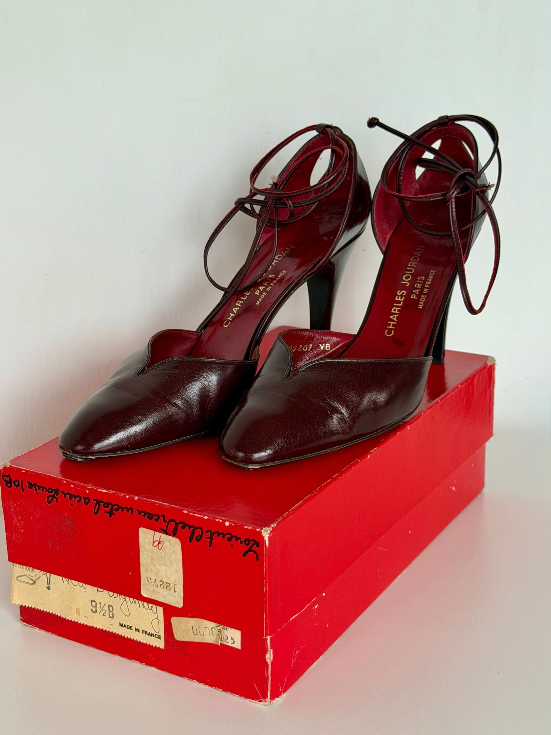 1980s Charles Jourdan burgundy leather ankle tie heels with original red box