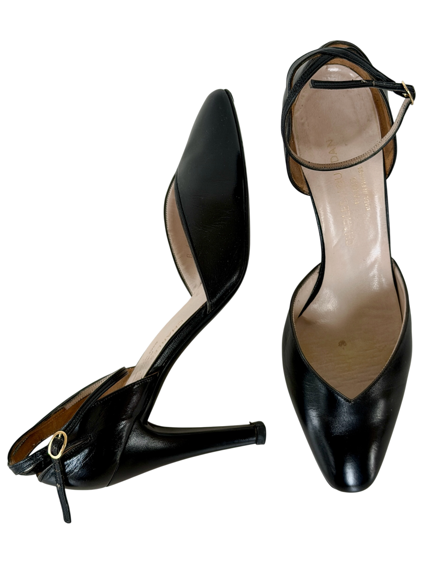 1980s Charles Jourdan Élise Vendôme black leather ankle strap heels with original box