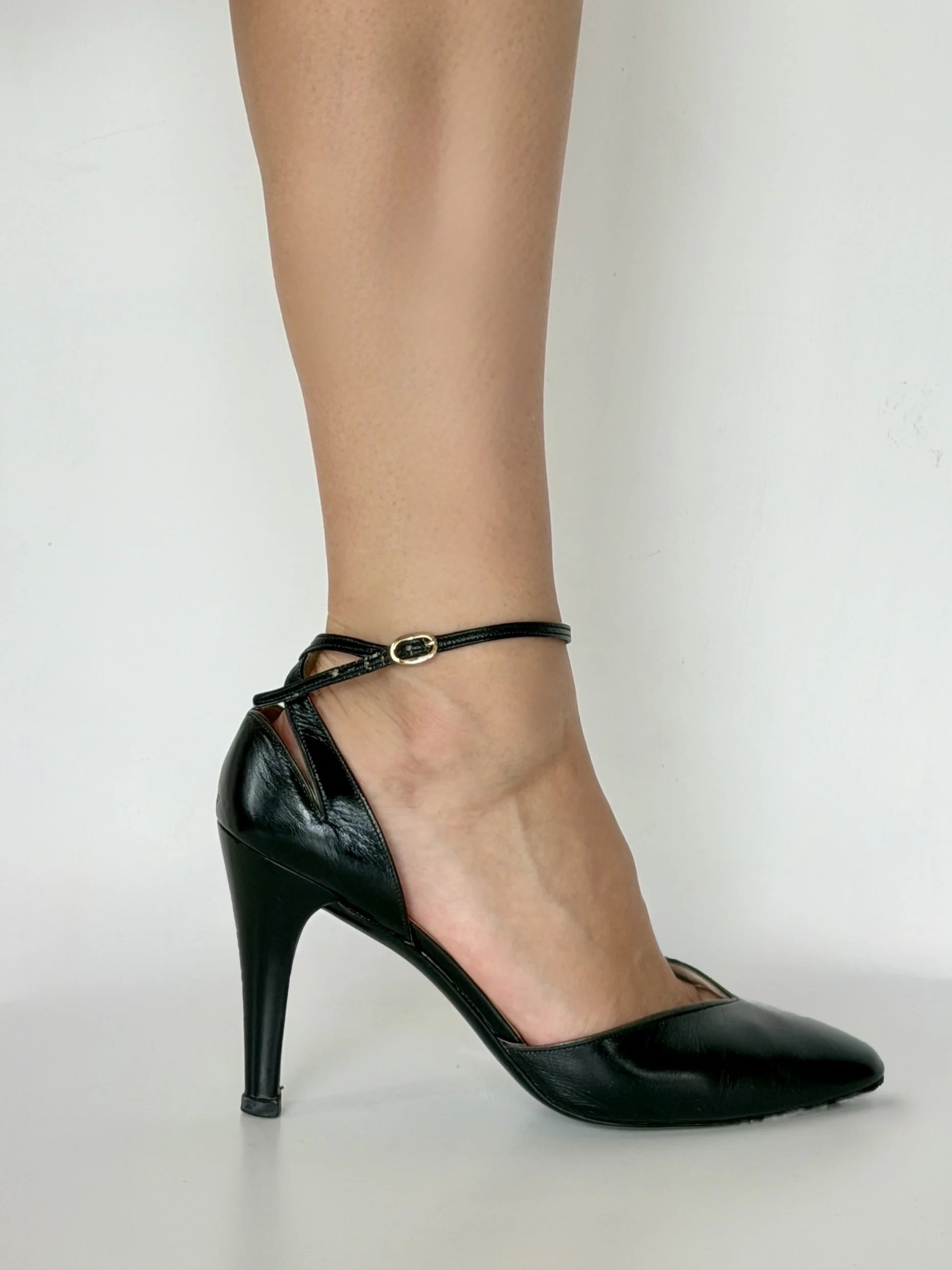 1980s Charles Jourdan Élise Vendôme black leather ankle strap heels with original box