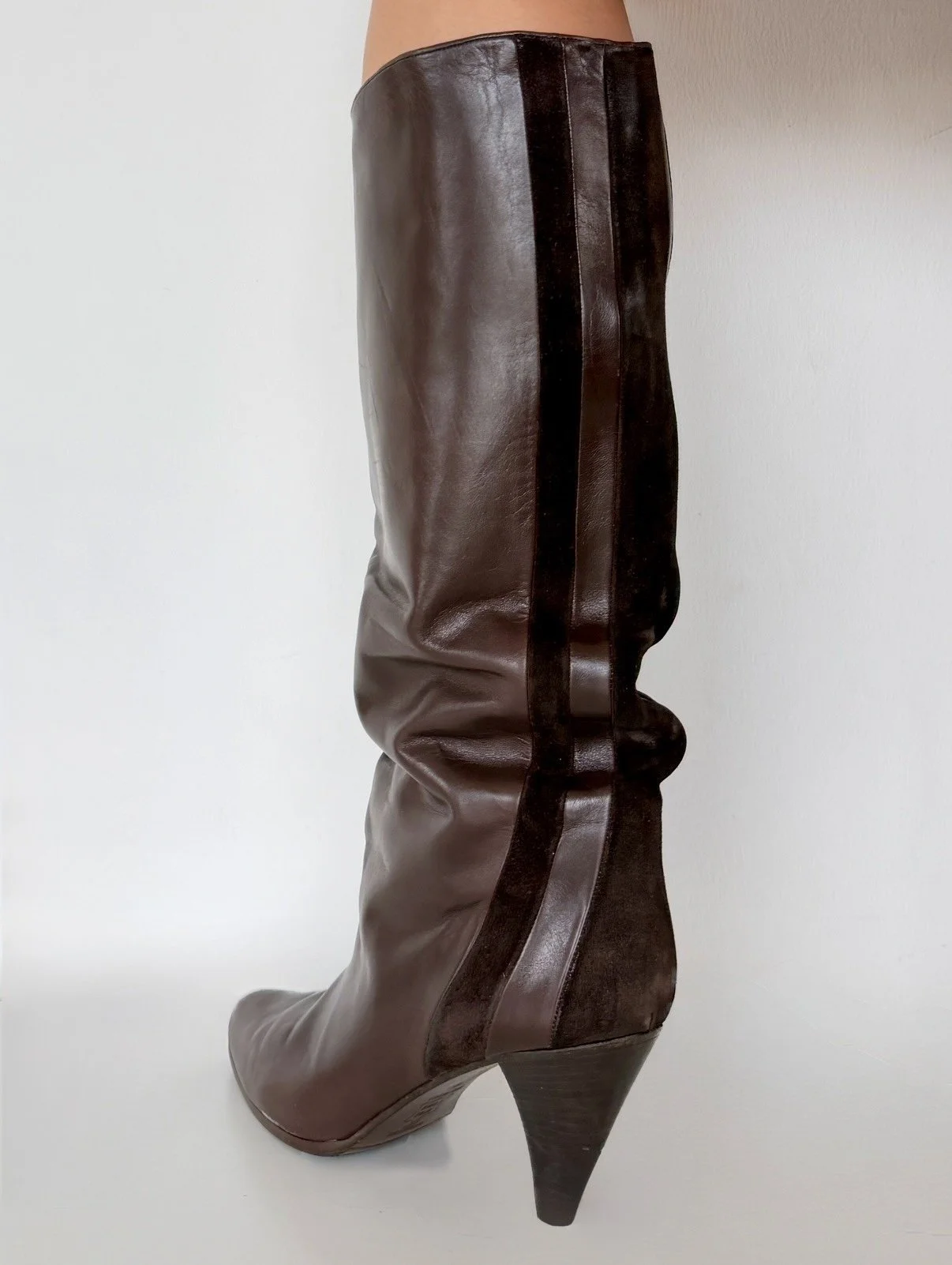 Vintage Italian chocolate brown leather knee high boots with suede panels and cone heel