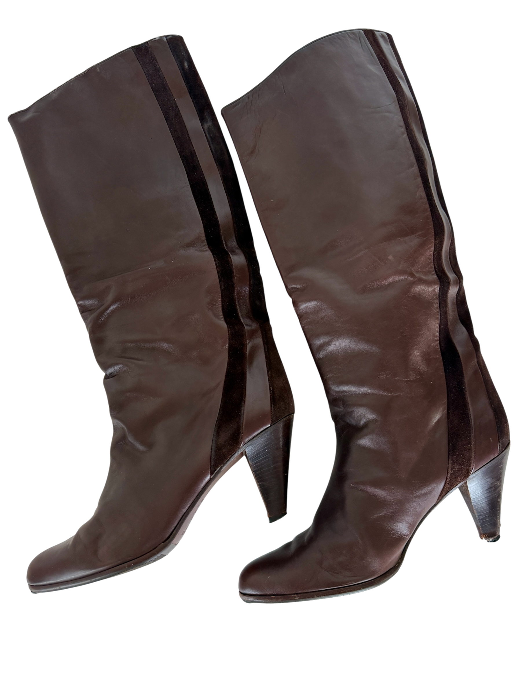 Vintage Italian chocolate brown leather knee high boots with suede panels and cone heel