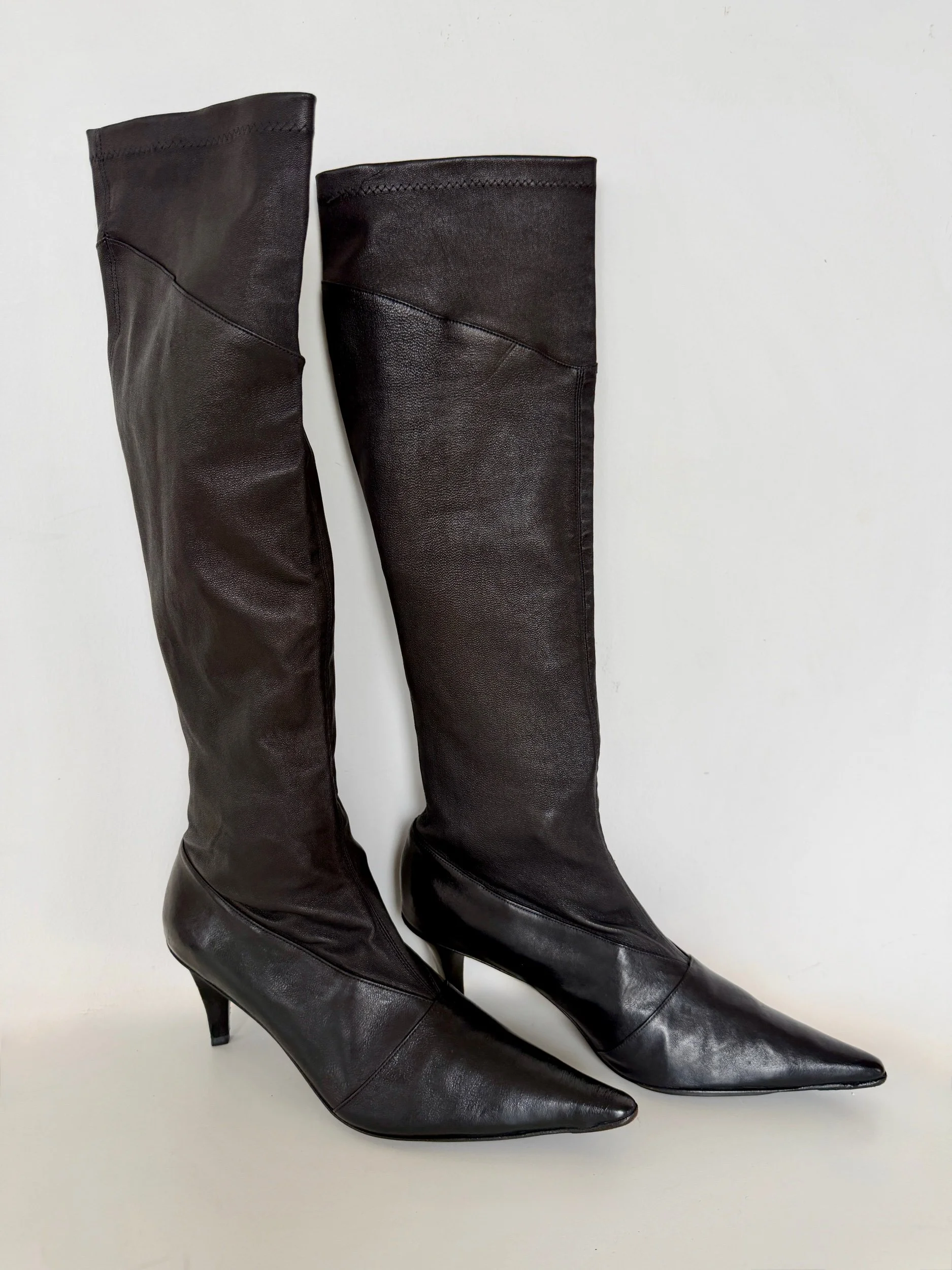 Vintage Stephane Kelian black leather over the knee boots with pointed toe, made in France