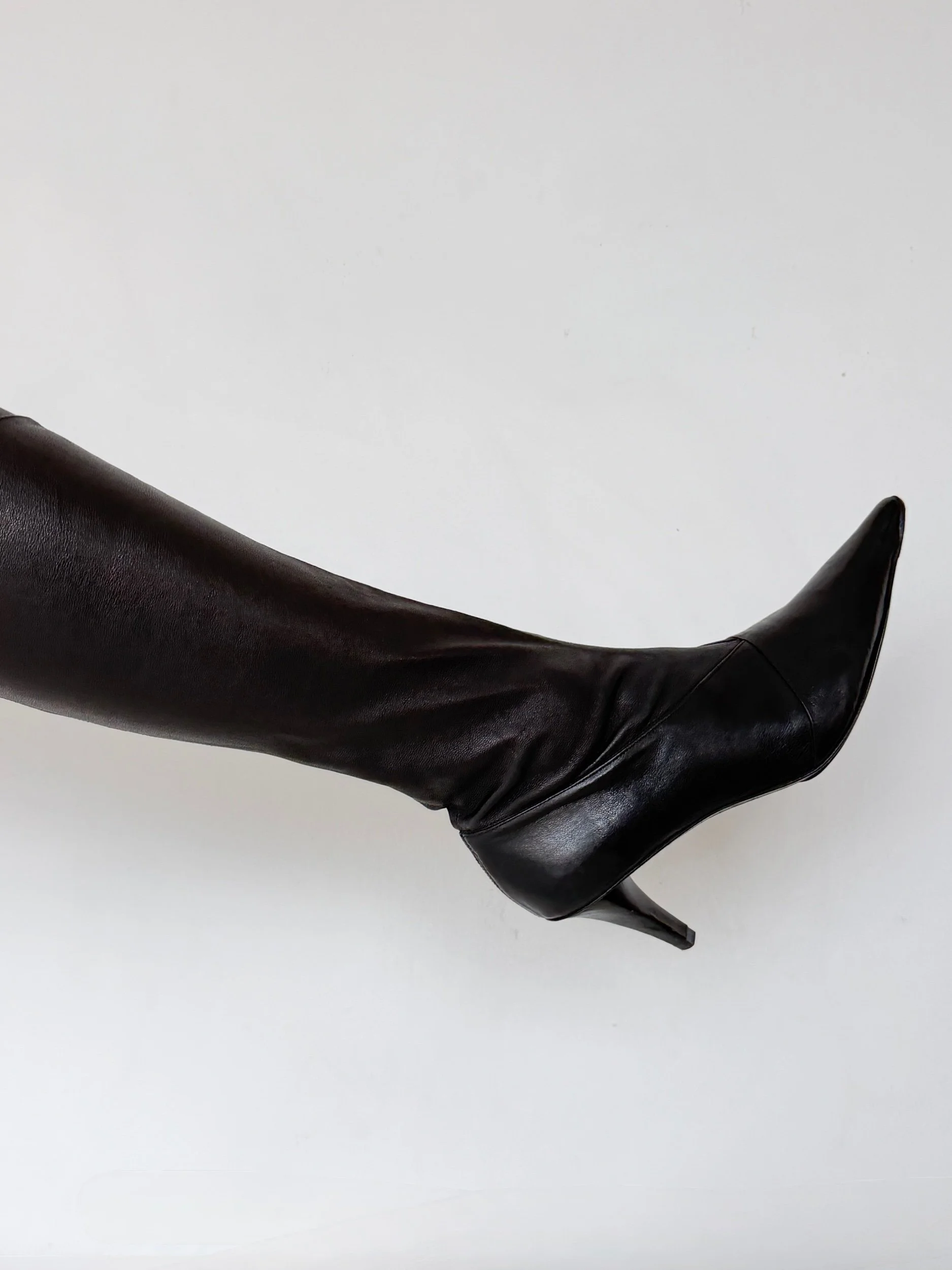 Vintage Stephane Kelian black leather over the knee boots with pointed toe, made in France