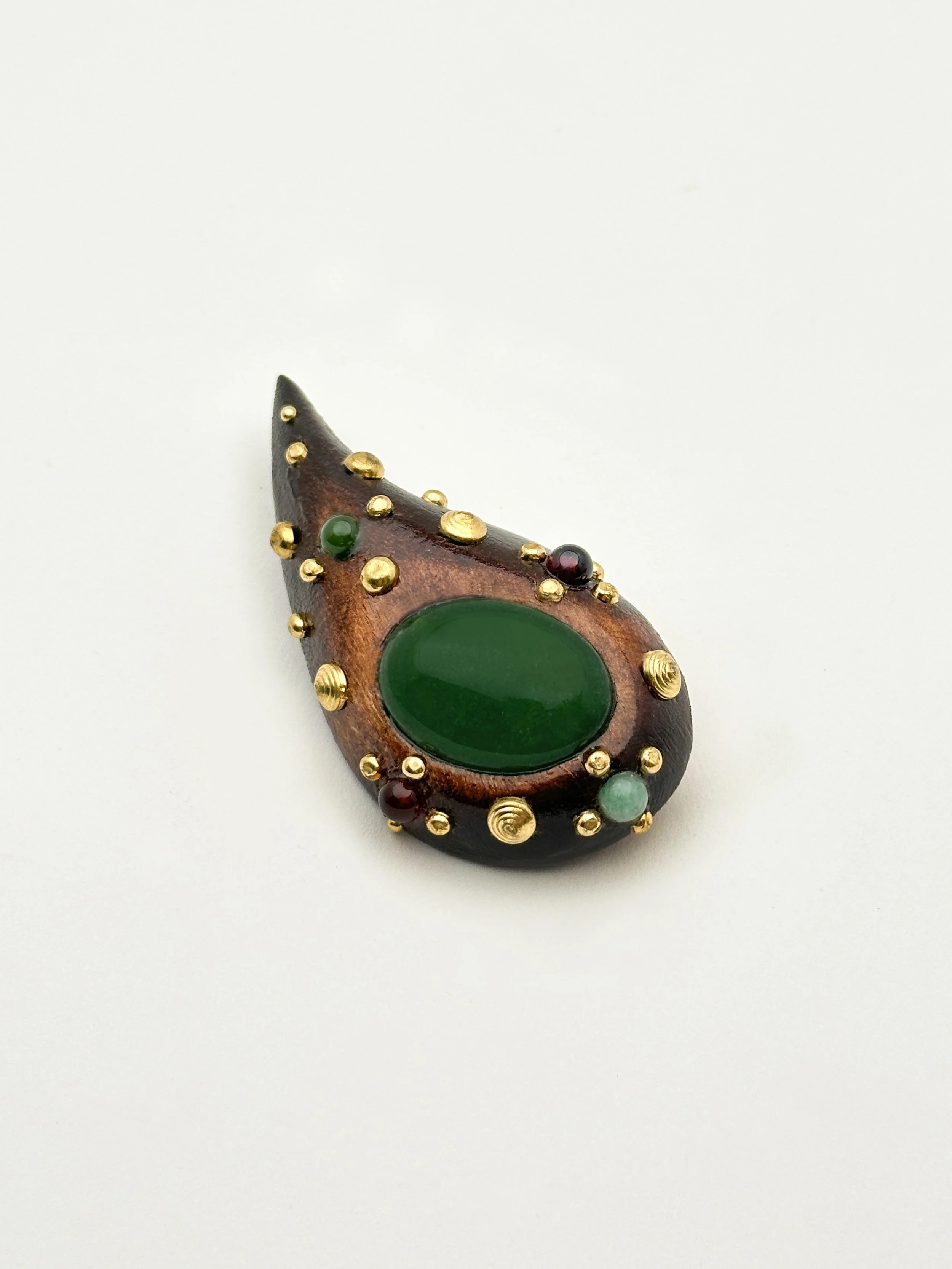 Mahogany Paisley Brooch with Jade Cabochon