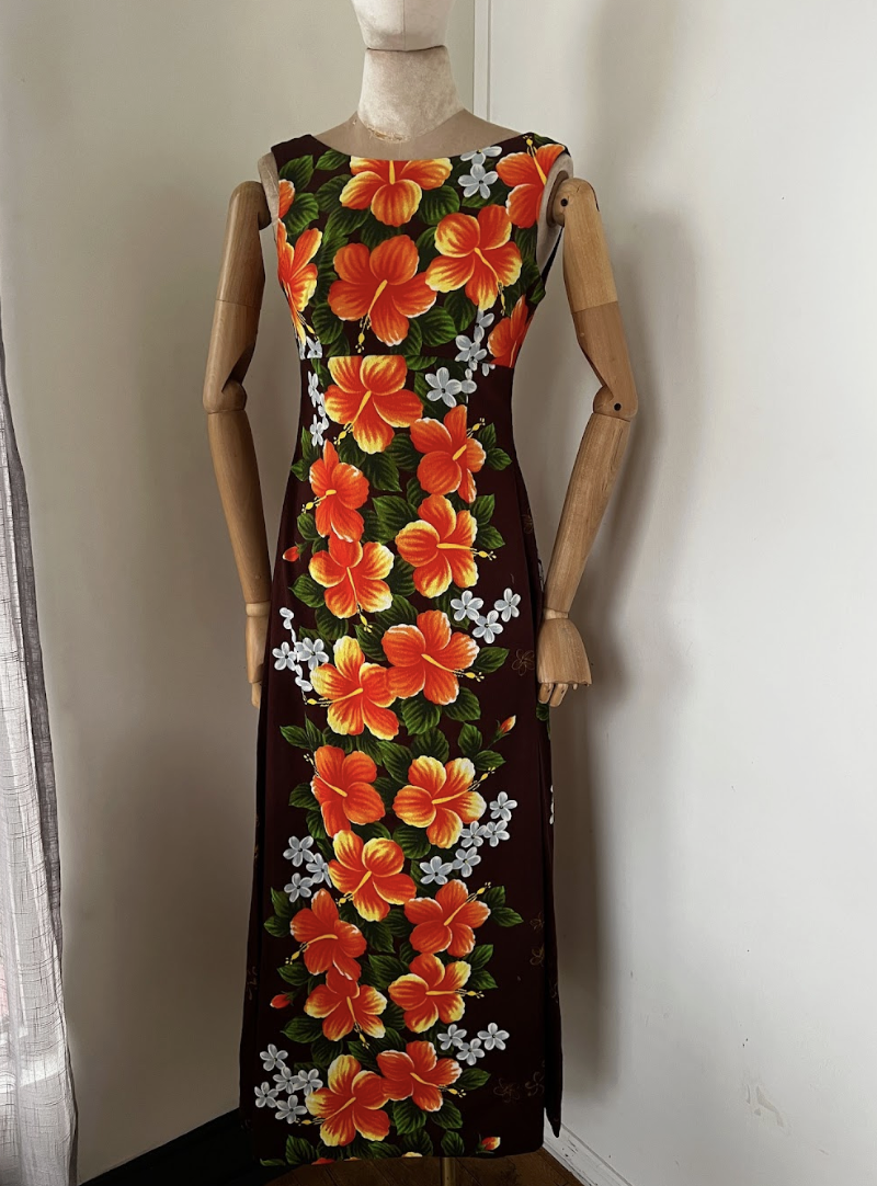60s Hawaiian Barkcloth Maxi Dress