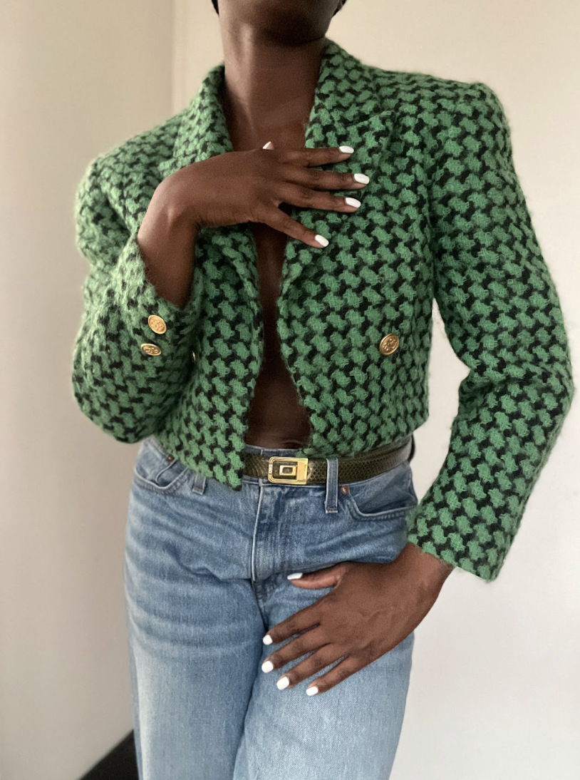 Green Houndstooth Crop Wool Blazer