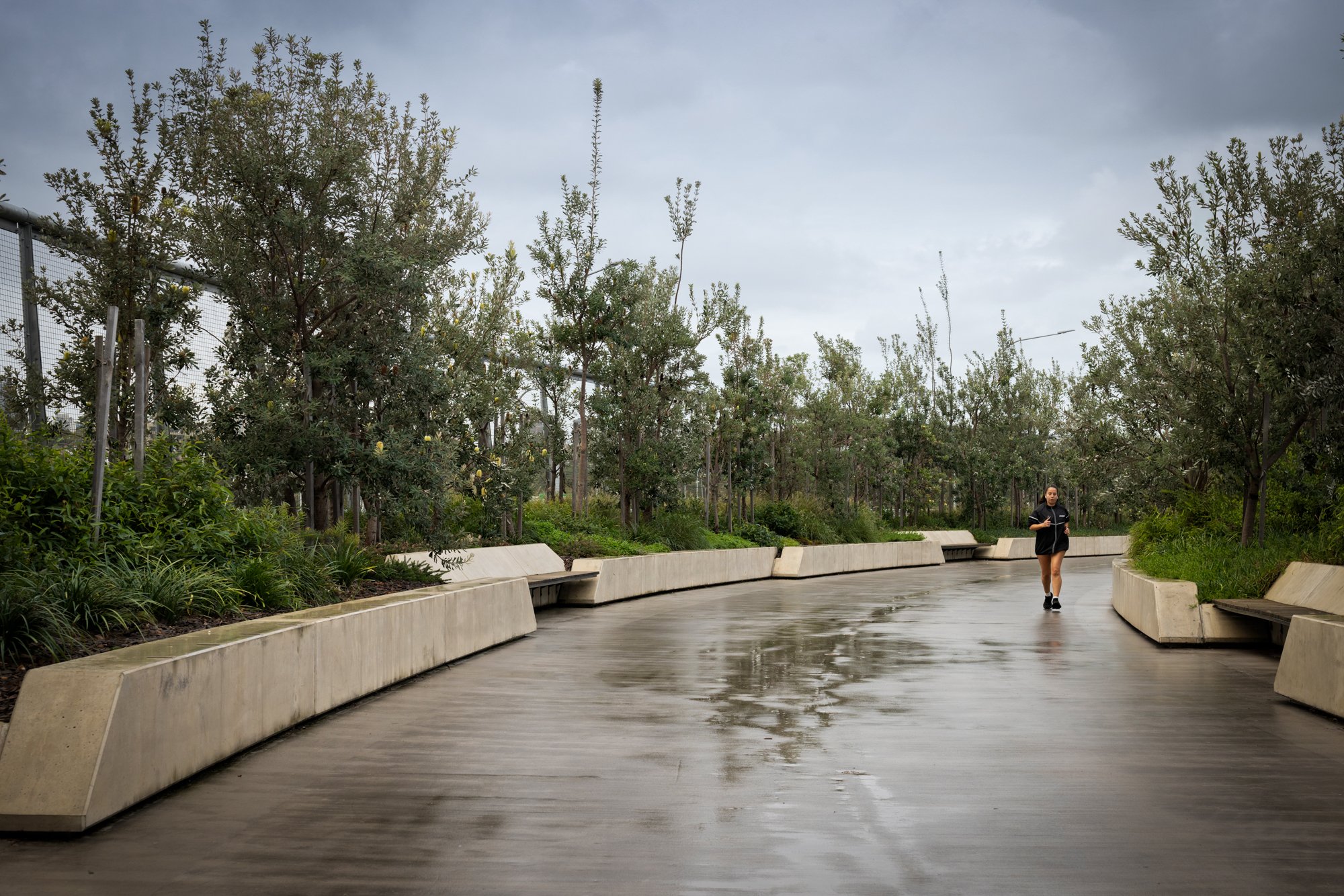 A person jogging on a wet outdoor pathway lined with green trees and bushes, overcast sky. Designed by Colin Polwarth Studio Photo by Ruth Gold