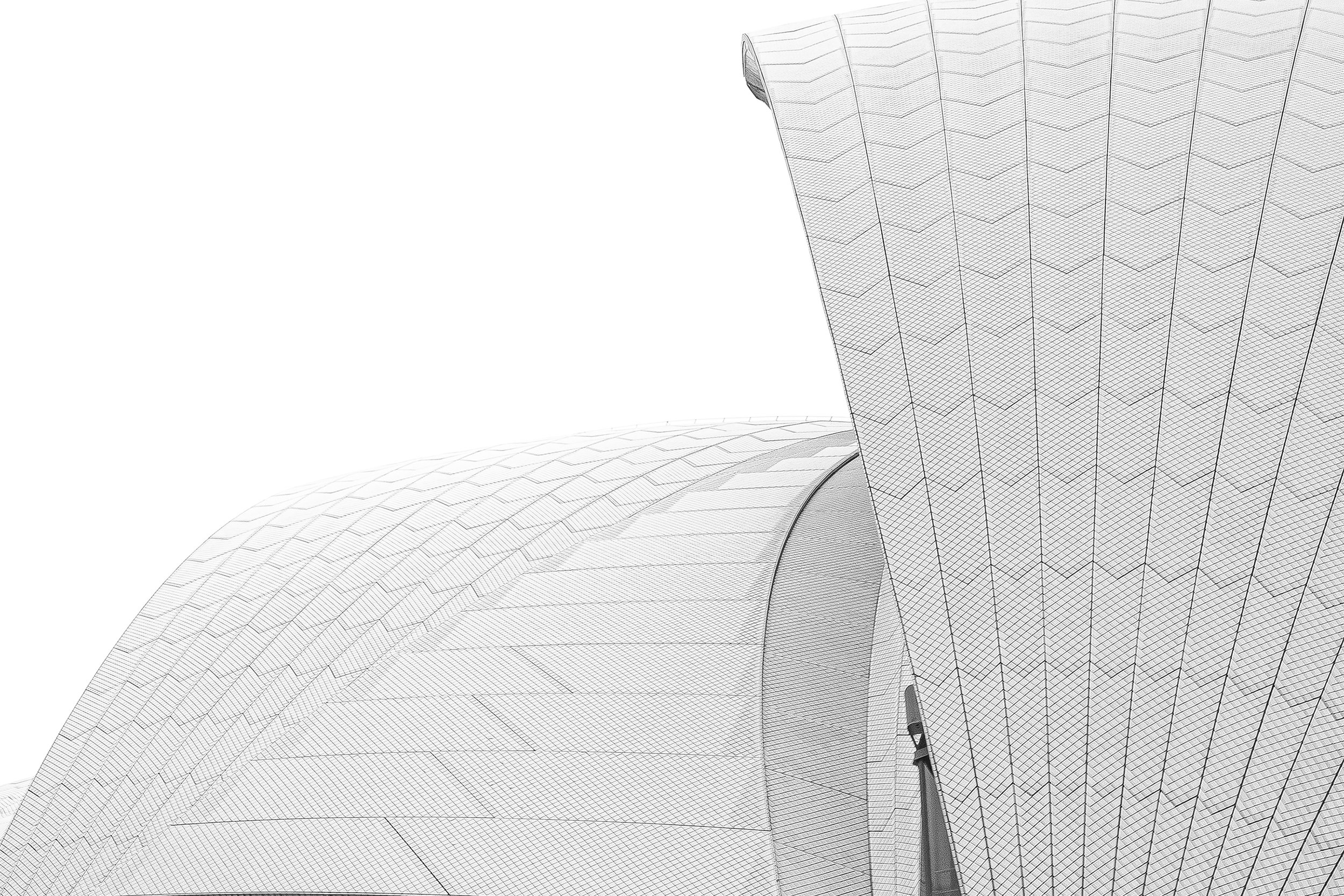 Line drawing digital rendering of modern architectural structures with curved and vertical forms. Opera House Photo by Ruth Gold