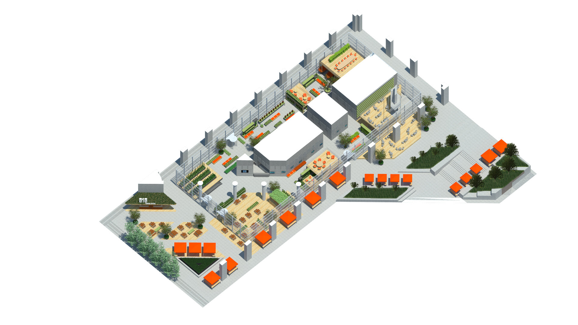 A birds-eye rendering of an outdoor patio outside a skyscraper with plants, seating, and a market.
