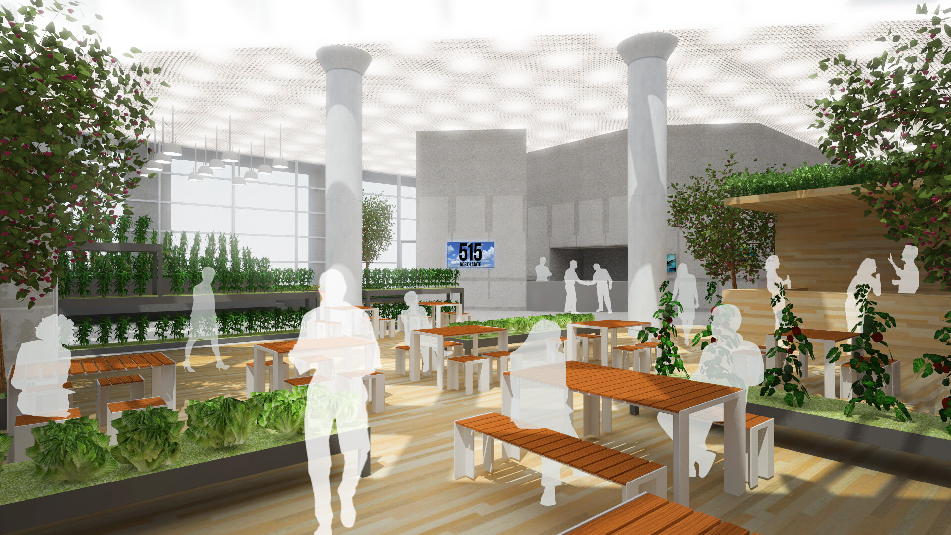 A rendering of a skyscraper lobby with gardens and picnic tables.