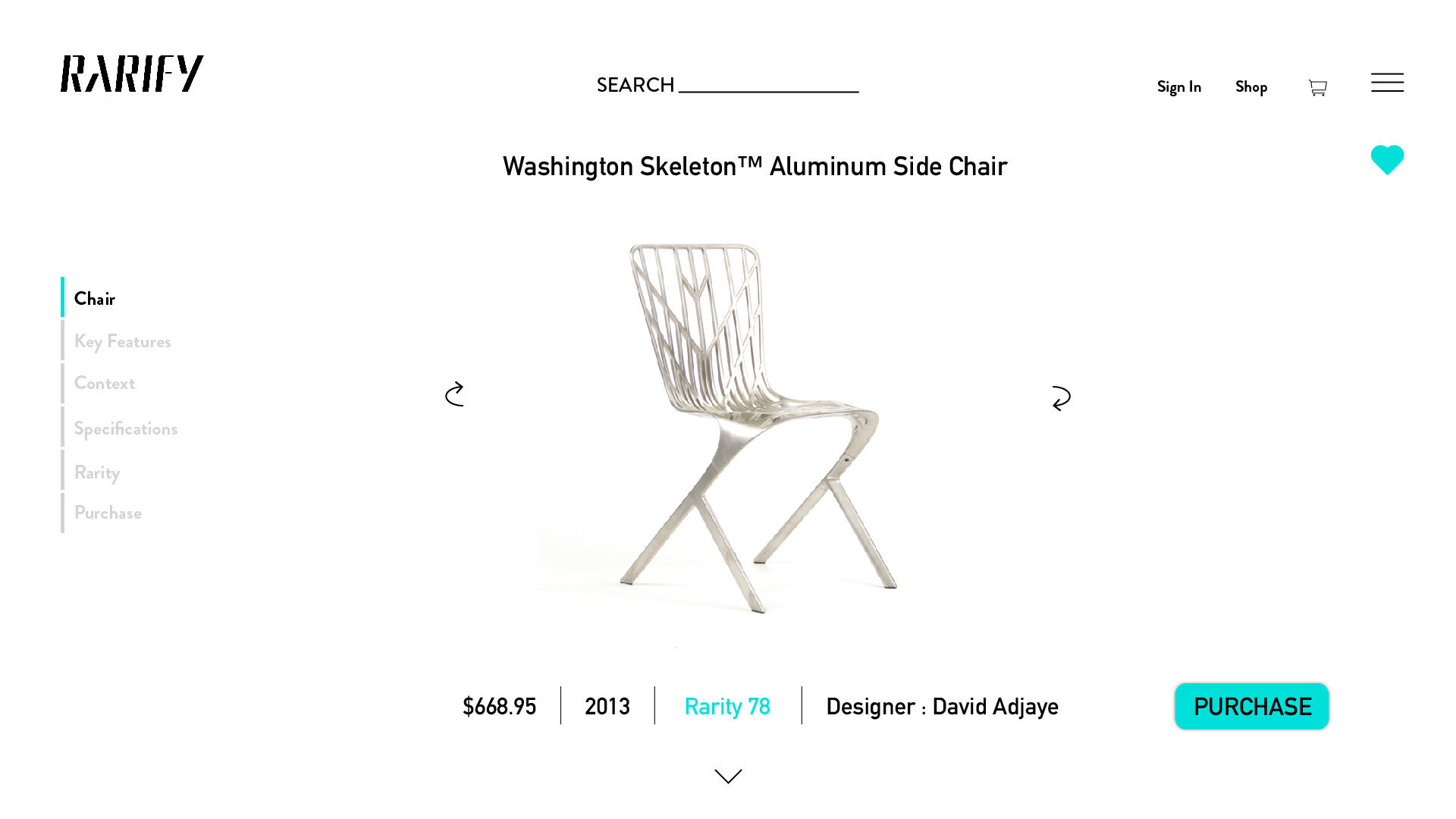A product page on the Rarify website shows an aluminum side chair and clean, bright design.