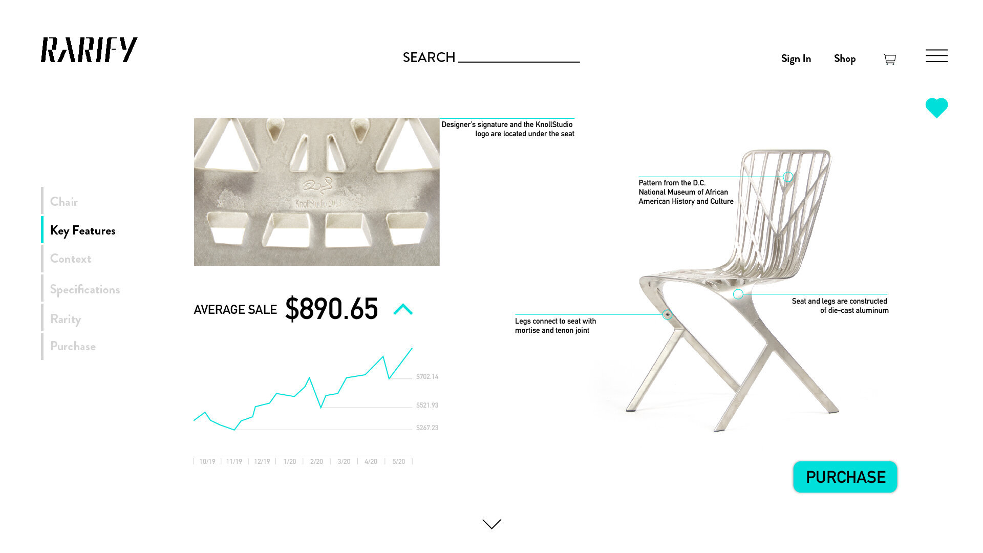 A product page shows the features of a chair and its increase in value.