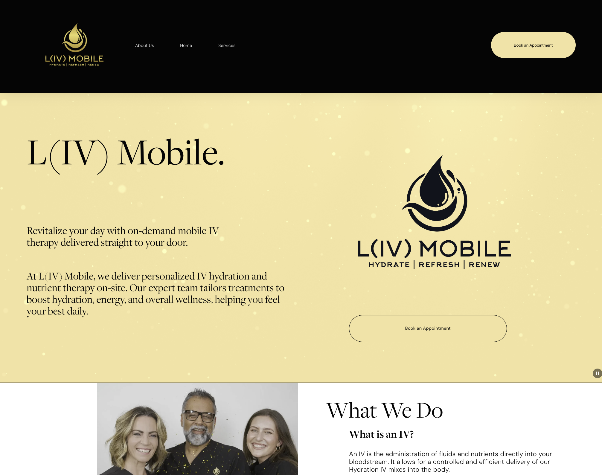 Homepage of LIV Mobile featuring a logo with a water droplet, headlines about mobile IV therapy, a 'Book an Appointment' button, and a group photo of smiling people.