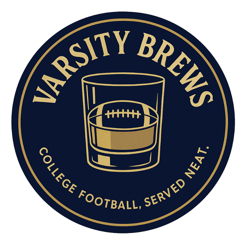 Logo for Varsity Brews podcast featuring a vintage microphone and sound waves
