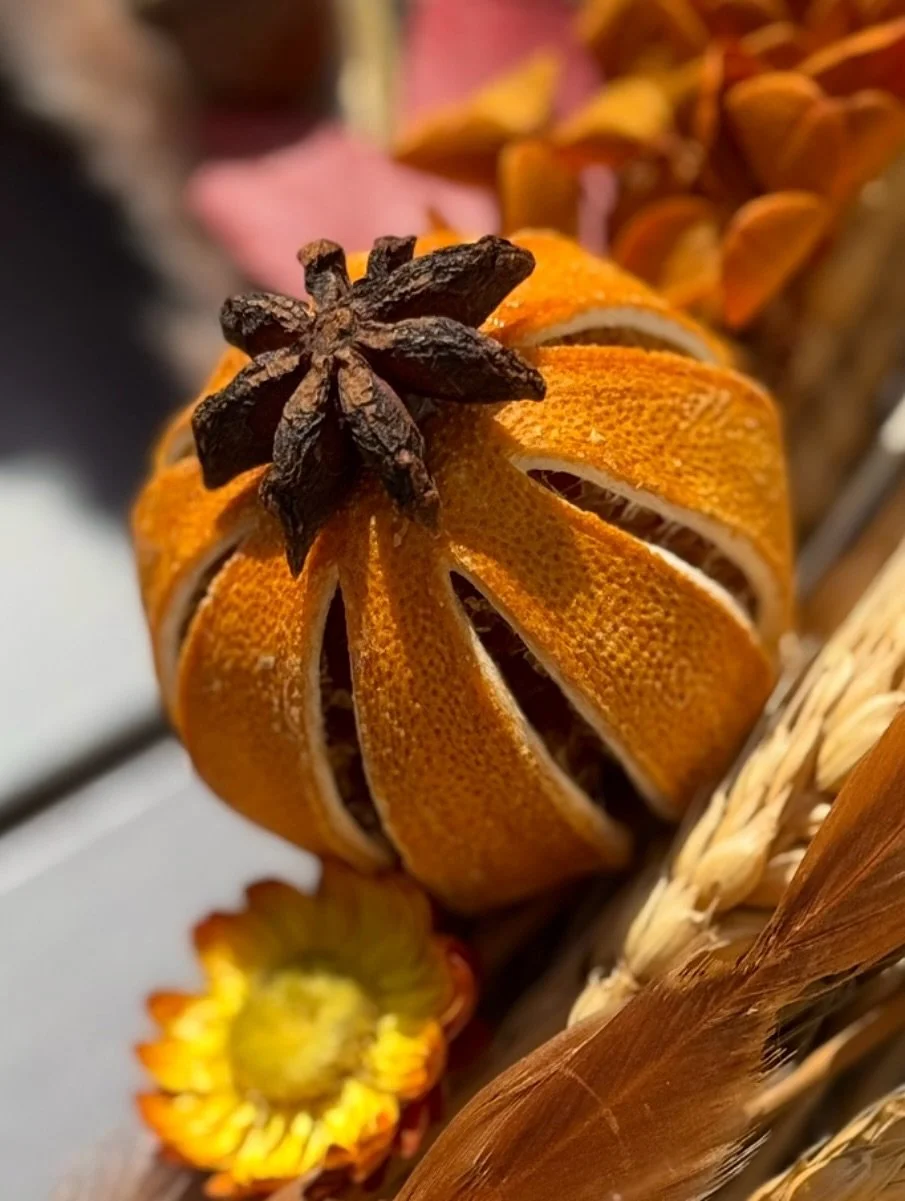 Sunlight caught and preserved: slices of fragrant orange, dried to hold their glow, paired with star anise &ndash; a spice once treasured along ancient trade routes.

On our first wreath, they speak of warmth, harvest, and stories carried on the air.