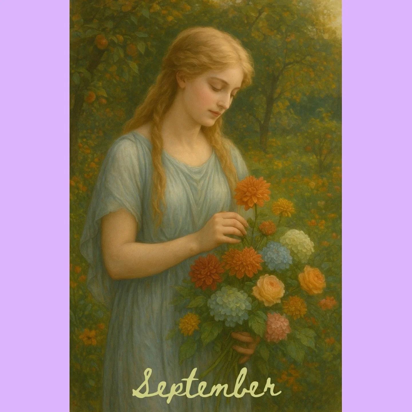 On the first day of September, we turn the page of The Nymphs&rsquo; Book of Hours and welcome our golden-haired muse of the month. Draped in pale blue, she gathers dahlias, chrysanthemums, hydrangeas, and roses &ndash; blossoms that mark the final g