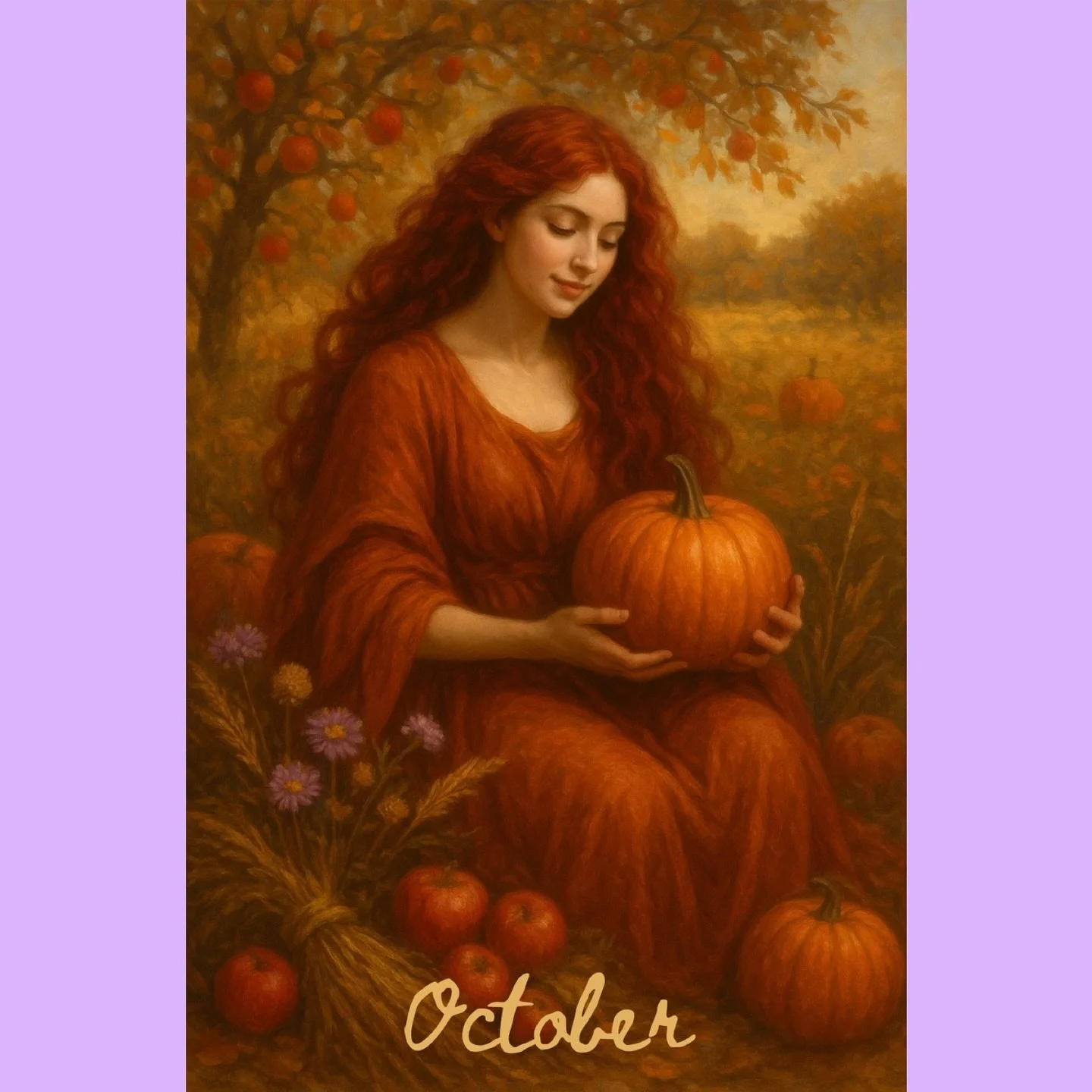 As we enter October, we turn the page of The Nymphs&rsquo; Book of Hours and greet our russet-haired muse of the harvest 🌾. Draped in the warm hues of autumn flame, she cradles a pumpkin as though it were an offering &ndash; the emblem of ripeness a