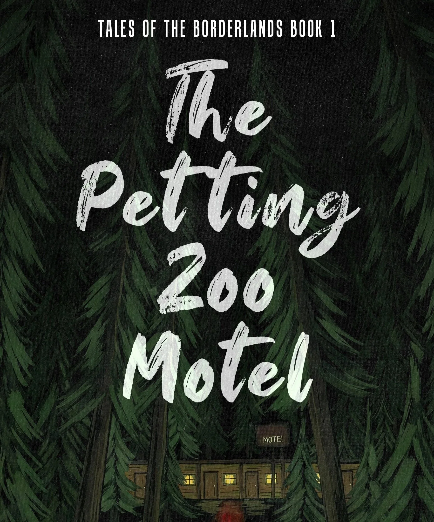 Book cover of The Petting Zoo Motel by Jack Harrowsmith. A wooden single-level structure set in the background of tall pine trees.