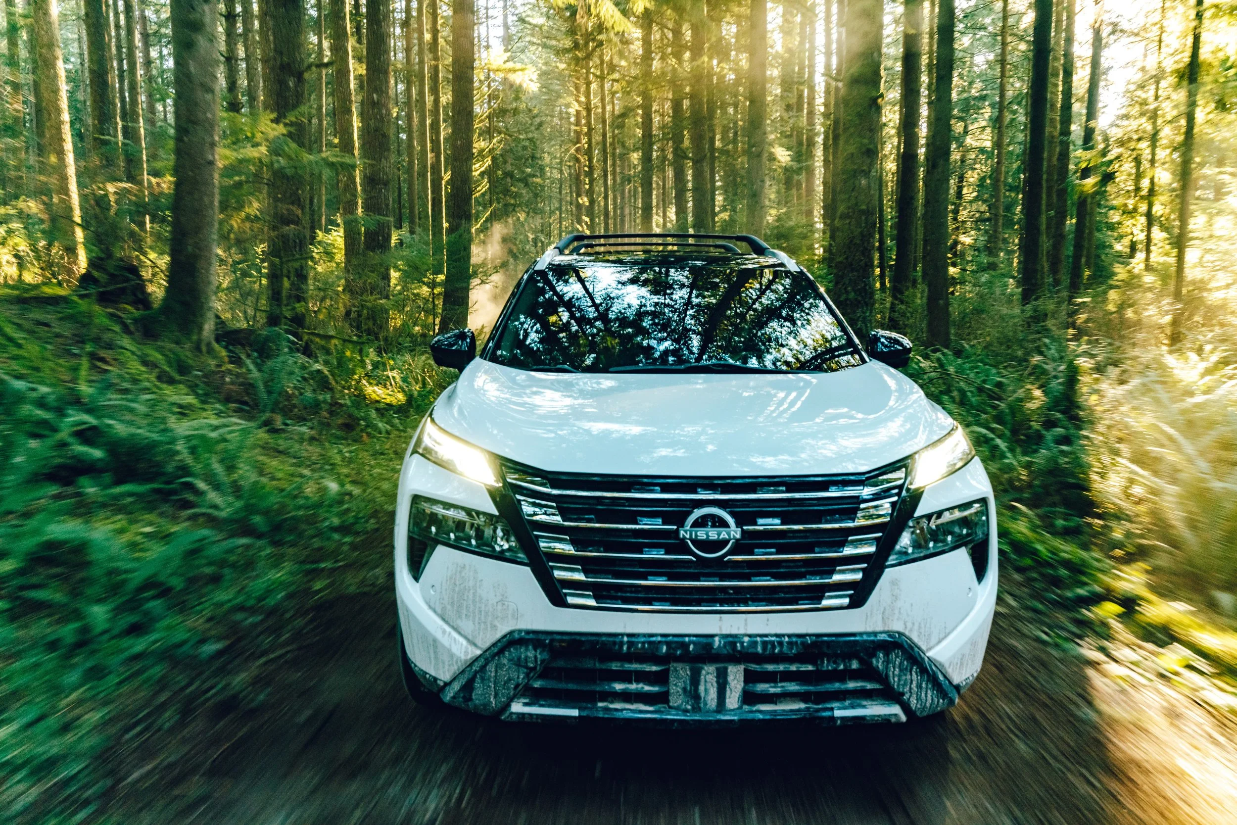A white Nissan SUV driving through a dense forest with tall trees and green foliage, sunlight filtering through the trees.