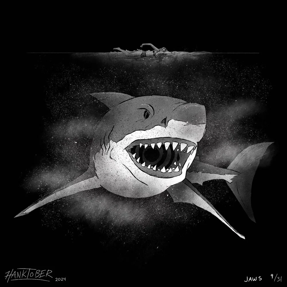 Horror ink illustration of Jaws shark drawn by Henry Rose