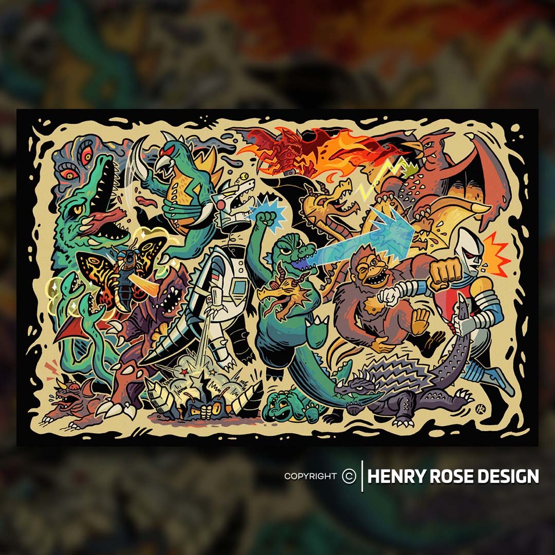 Godzilla Kaiju Chaos Art Print Henry Rose Design 1.jpg
