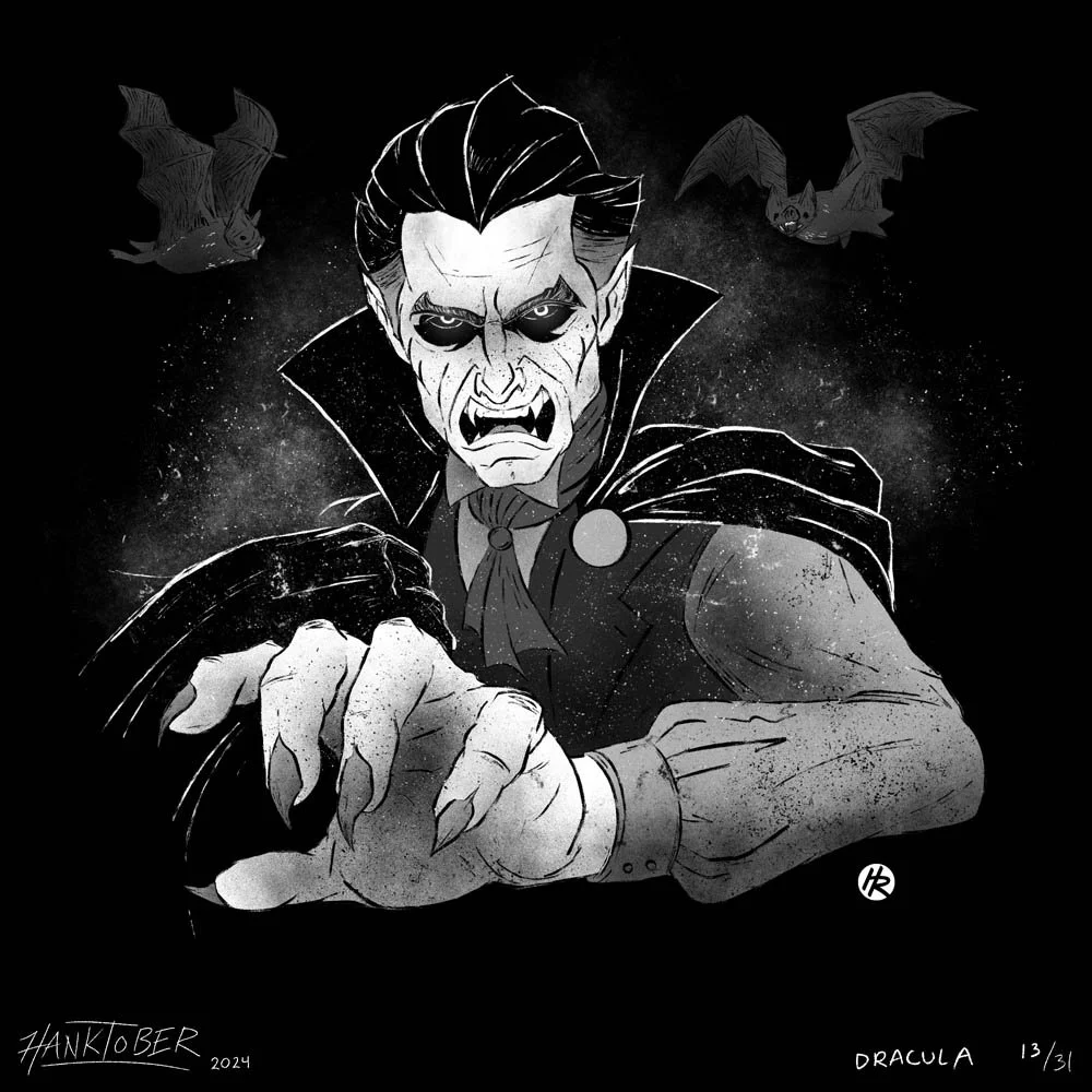 Horror ink illustration of Dracula drawn by Henry Rose