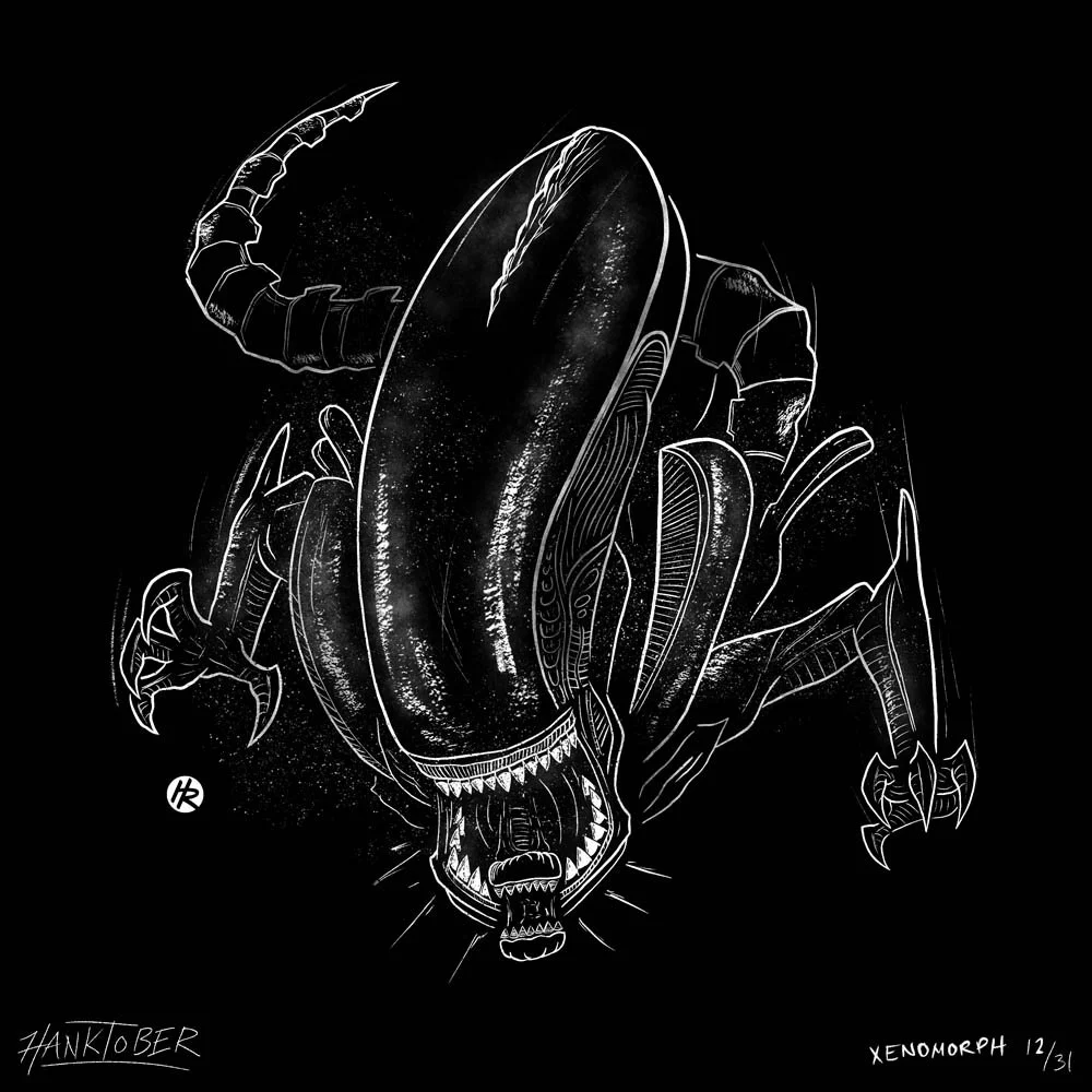Horror ink illustration of Xenomorph from Alien drawn by Henry Rose