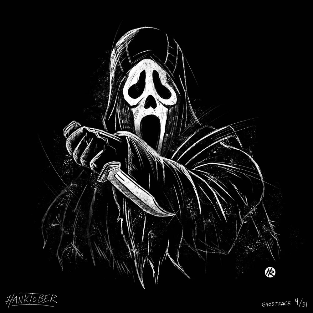 Horror ink illustration of Ghostface from Scream drawn by Henry Rose