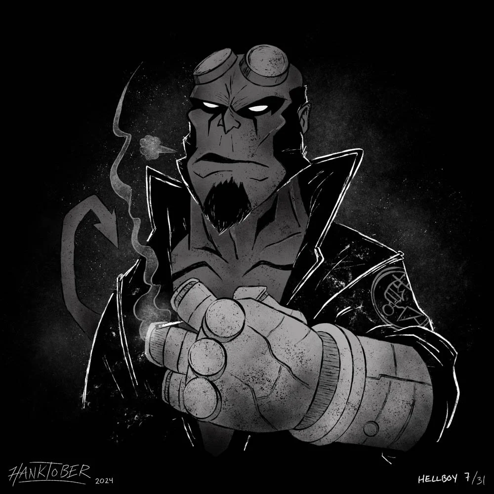 Horror ink illustration of Hellboy drawn by Henry Rose