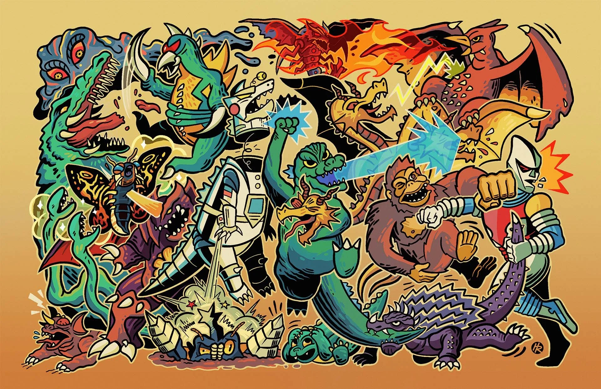 Godzilla Kaiju Chaos Illustration drawn by Henry Rose Design