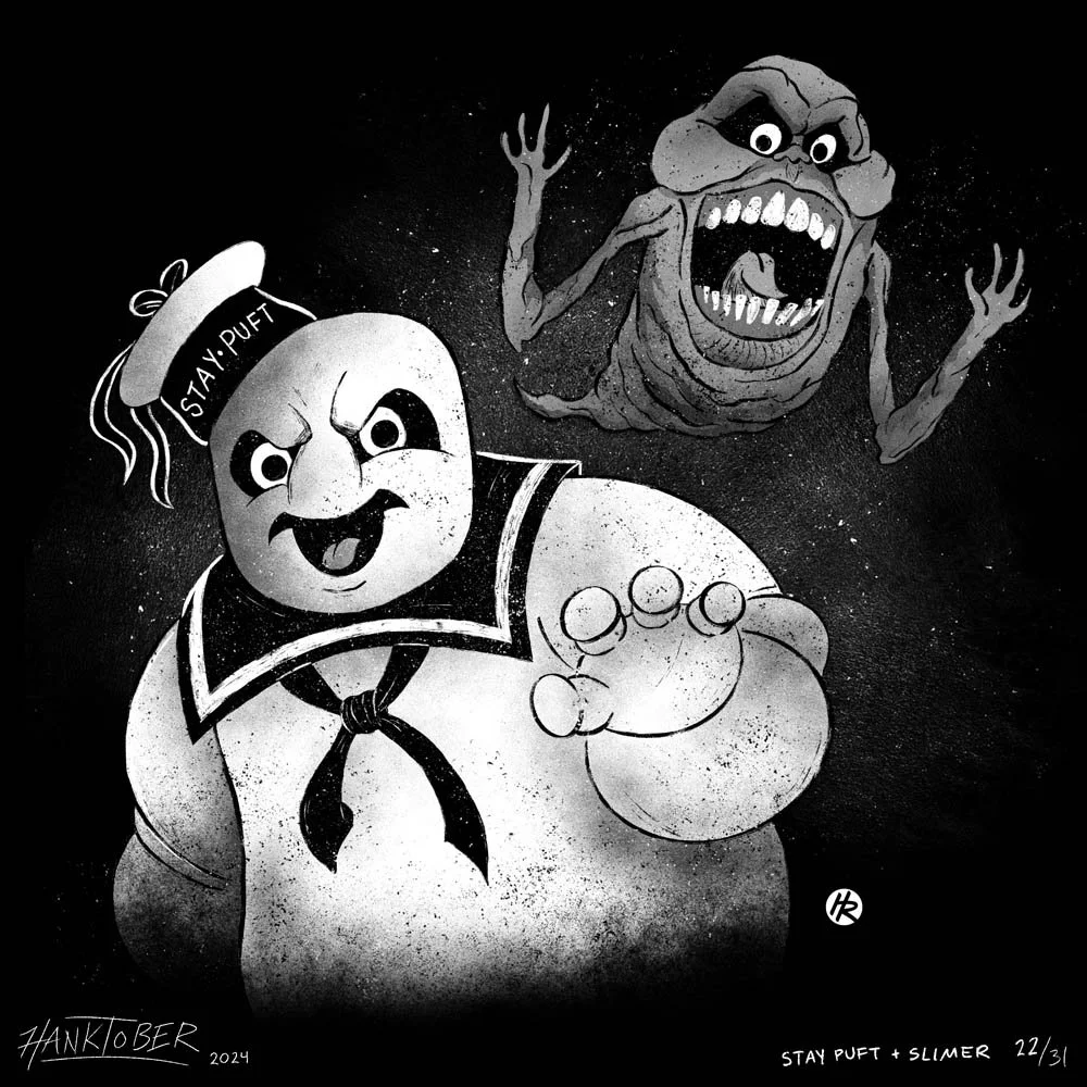 Horror ink illustration of Ghostbusters drawn by Henry Rose