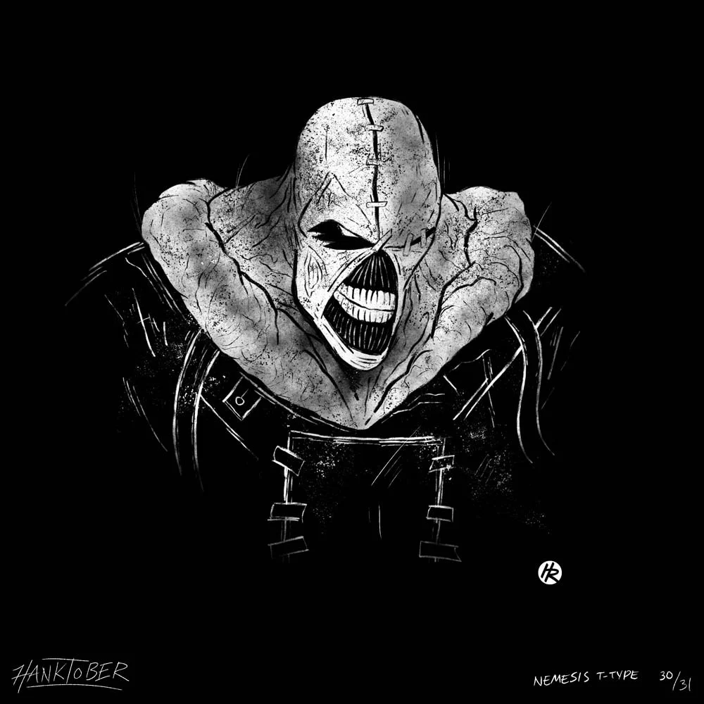 Horror ink illustration of Nemesis from Resident Evil drawn by Henry Rose