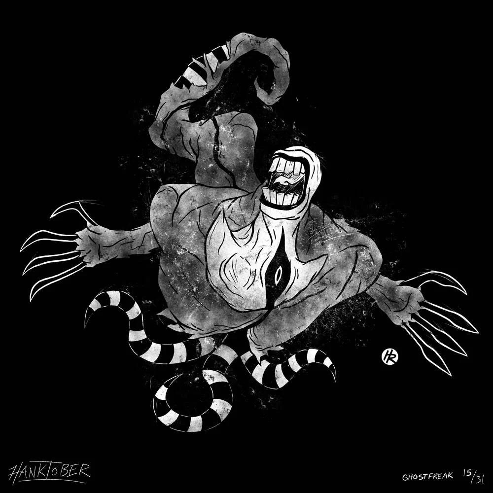 Horror ink illustration of Ghostfreak from Ben 10 drawn by Henry Rose