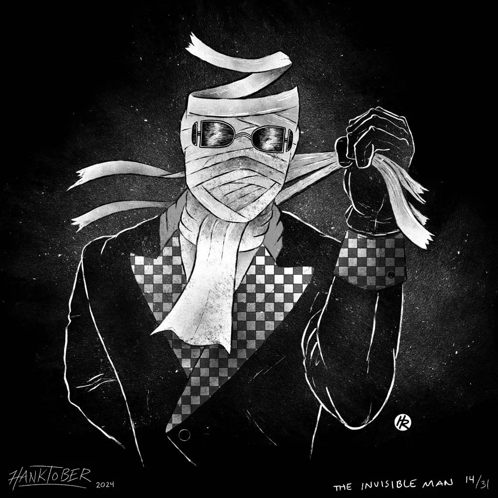 Horror ink illustration of Invisible Man drawn by Henry Rose