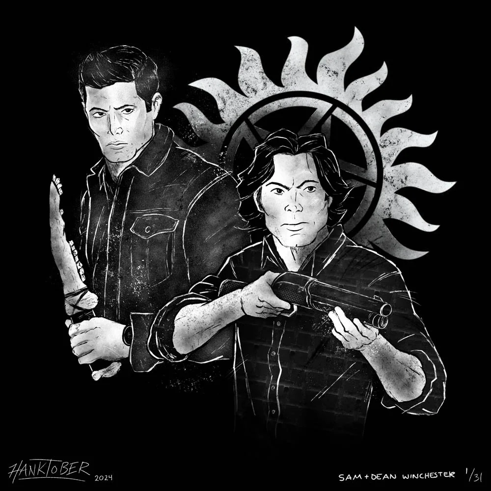 Horror ink illustration of Supernatural Sam and Dean Winchester drawn by Henry Rose