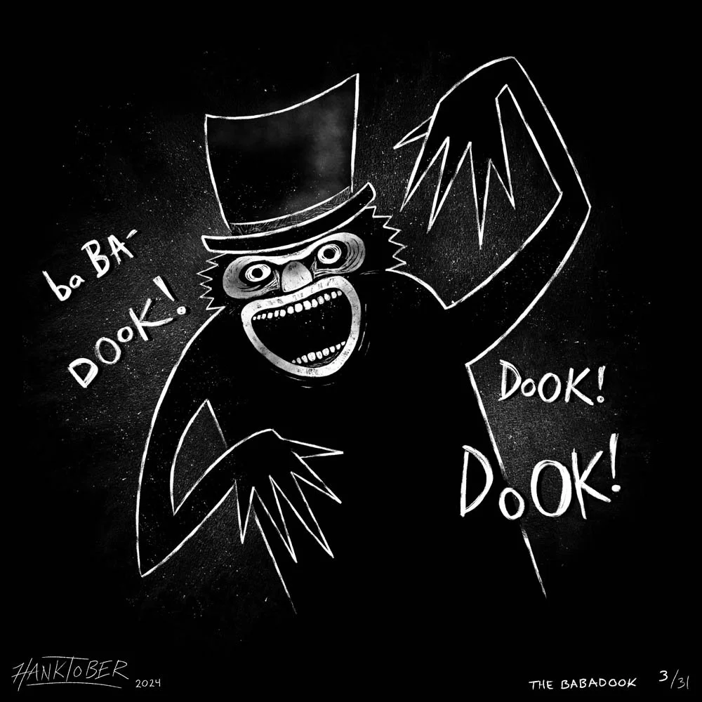 Horror ink illustration of Babadook drawn by Henry Rose